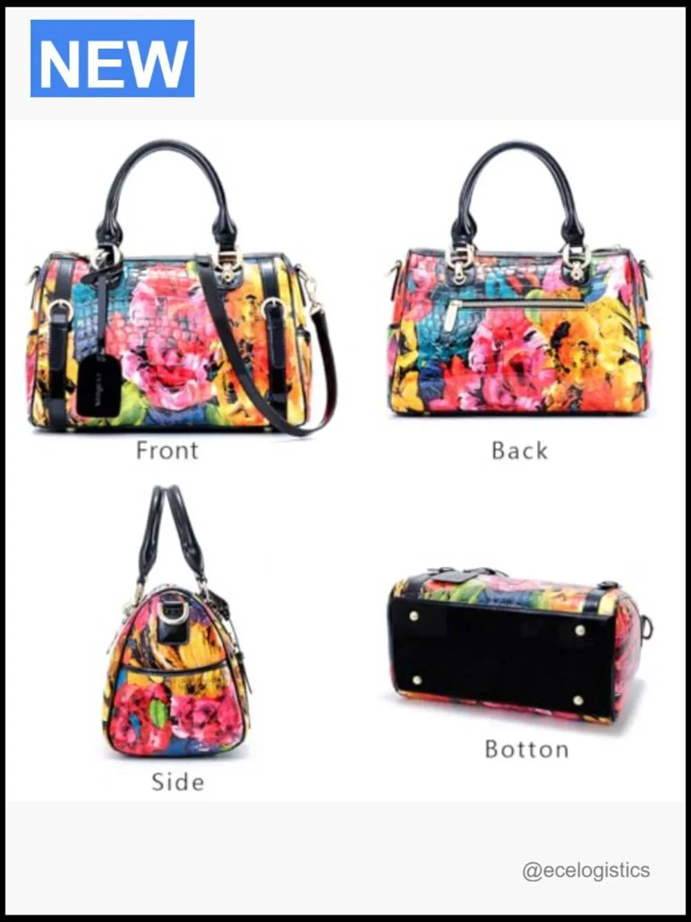 Genuine Leather Satchel Handbag with Floral Pattern Crossbody